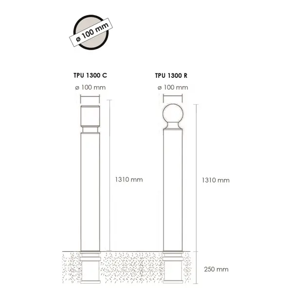 Flexibilní sloupek k zabetonování, výška 1560 (1310) mm, pr. 100 mm, kulatá hlavice – hnědá