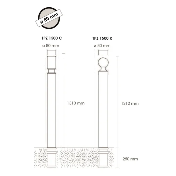 Flexibilní sloupek k zabetonování, výška 1560 (1310) mm, pr. 80 mm, kulatá hlavice – černá