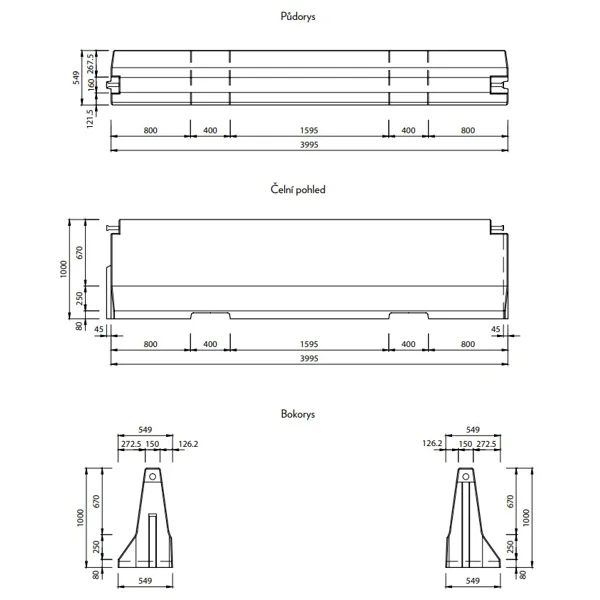Jednostranné silniční betonové svodidlo TYP100 – průběžný díl, 4000×549×1000 mm