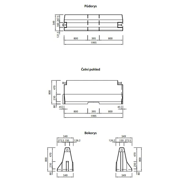 Jednostranné silniční betonové svodidlo TYP80, zkrácené – průběžný díl, 2000×549×800 mm