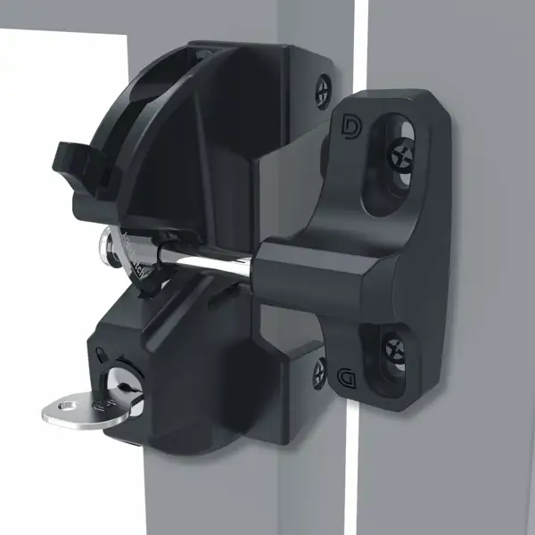 Jednostranný zámek pro bránu s kovovým úchytem na klíč – polymer, černá