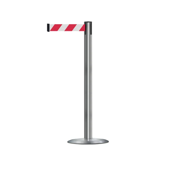 Mobilní zahrazovací sloupek Advance s podstavou Universal, kartáčovaná nerez – červeno-bílé pásmo 2,3 m