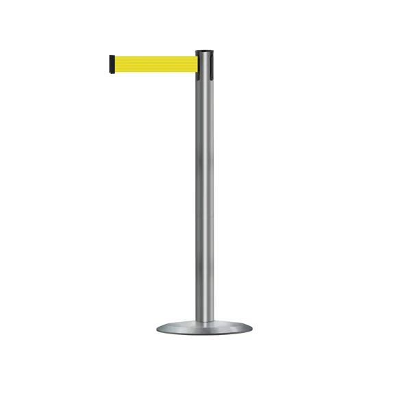 Mobilní zahrazovací sloupek Advance s podstavou Universal, kartáčovaná nerez – žluté pásmo 2,3 m