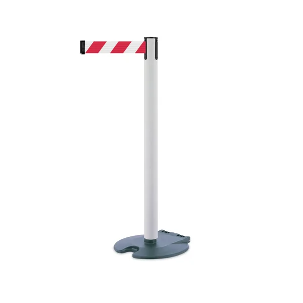 Mobilní zahrazovací sloupek Rollabarrier, bílý – červeno-bílé pásmo 3,65 m