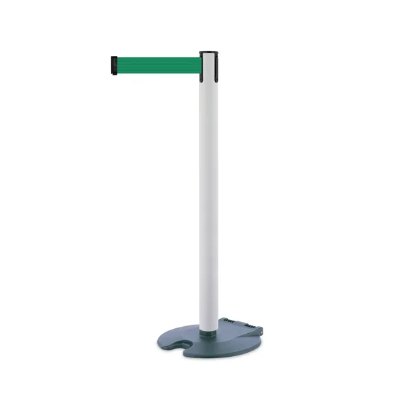 Mobilní zahrazovací sloupek Rollabarrier, bílý – zelené pásmo 3,65 m