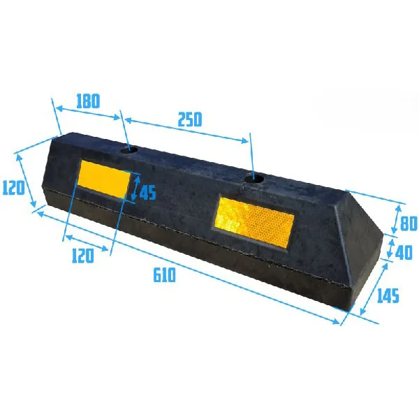 Modulární parkovací doraz pro automobily s reflexními pruhy, koncový díl – 610×145×120 mm, černo-žlutá
