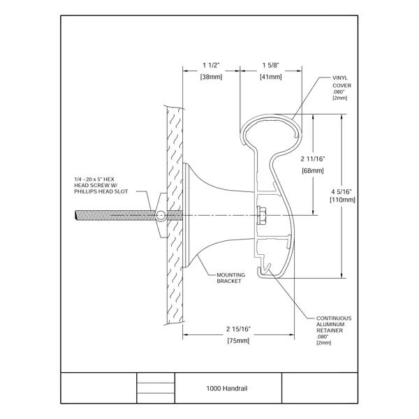 Nástěnné madlo Handrail 1000 – PVC, barva standard dle vzorníku, 110 mm × 3,66 m, včetně 7 nástěnných konzol