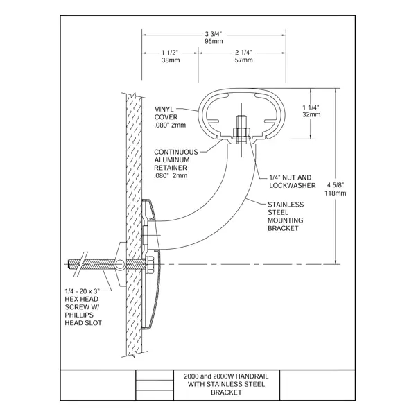 Nástěnné madlo Handrail 2000 – PVC-u, barva standard dle vzorníku, 32 mm × 3,66 m, včetně 7 nástěnných konzol