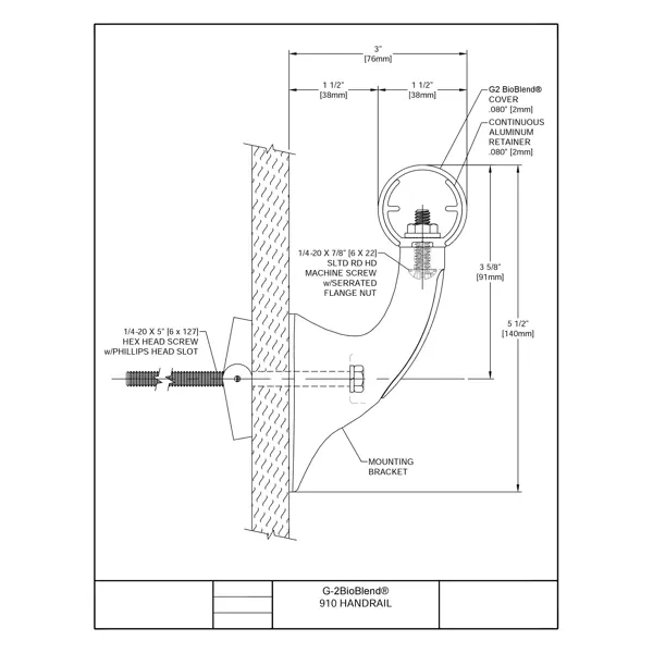 Nástěnné madlo Handrail 910 – PVC, barva standard dle vzorníku, 35 mm × 3,66 m, včetně 7 nástěnných konzol
