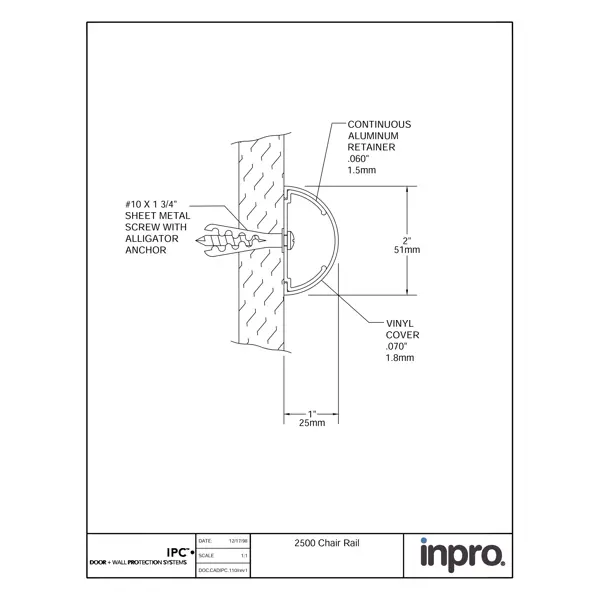 Nástěnný nárazník, nástěnné svodidlo Chair Rail 2500 – PVC, barva standard dle vzorníku, 51 mm × 3,66 m