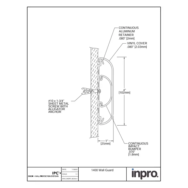 Nástěnný nárazník, nástěnné svodidlo Wall Guard 1400 – PVC, barva standard dle vzorníku, 102 mm × 3,66 m