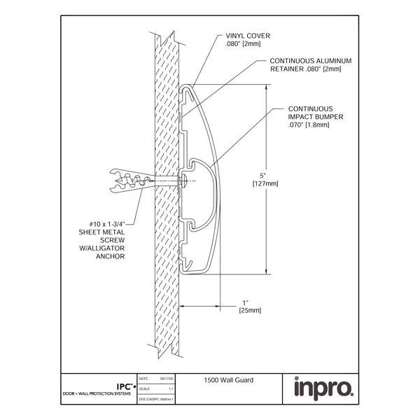 Nástěnný nárazník, nástěnné svodidlo Wall Guard 1500 – PVC, barva standard dle vzorníku, 127 mm × 3,66 m