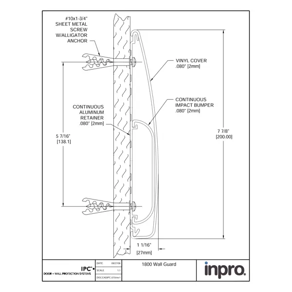 Nástěnný nárazník, nástěnné svodidlo Wall Guard 1800 – PVC, barva standard dle vzorníku, 203 mm × 3,66 m