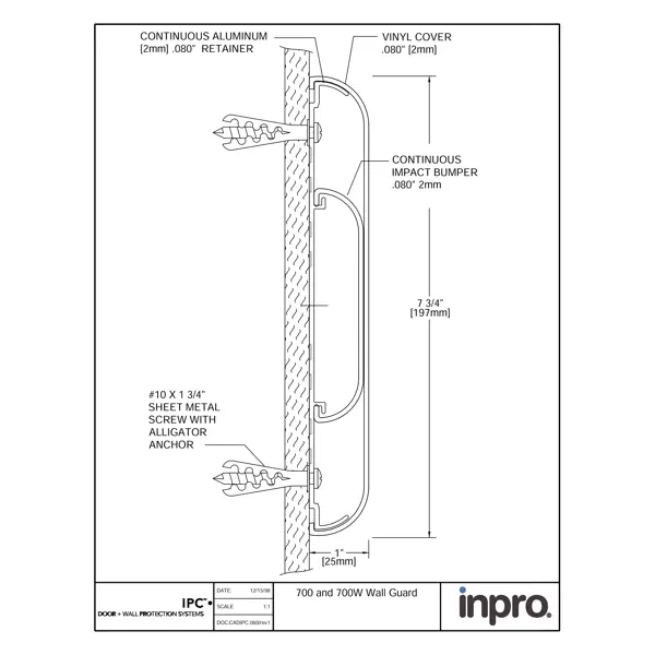 Nástěnný nárazník, nástěnné svodidlo Wall Guard 700 – PVC-u, barva standard dle vzorníku, 197 mm × 3,66 m