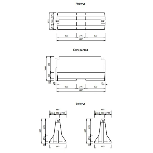 Oboustranné silniční betonové svodidlo TYP100, zkrácené – průběžný díl, 2000×695×1000 mm