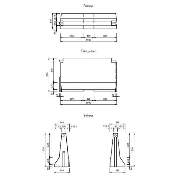 Oboustranné silniční betonové svodidlo TYP120, zkrácené – průběžný díl, 2000×695×1200 mm