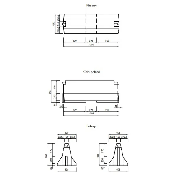 Oboustranné silniční betonové svodidlo TYP80, zkrácené – průběžný díl, 2000×695×800 mm