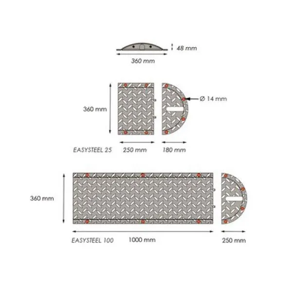Ocelový retardér – kabelový přejezd 25 km/h, 40 t, sada 2 ks, koncový díl – 180×360×50 mm, žlutá