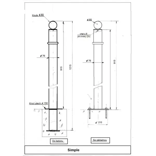 Ozdobný sloupek SIMPLE – kov, 1170 mm, pevný k zabetonování