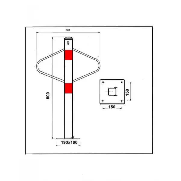 Parkovací sloupek MOTÝLEK – ocel, bílo-červená, 800×590 mm, sklopný, zámek FAB
