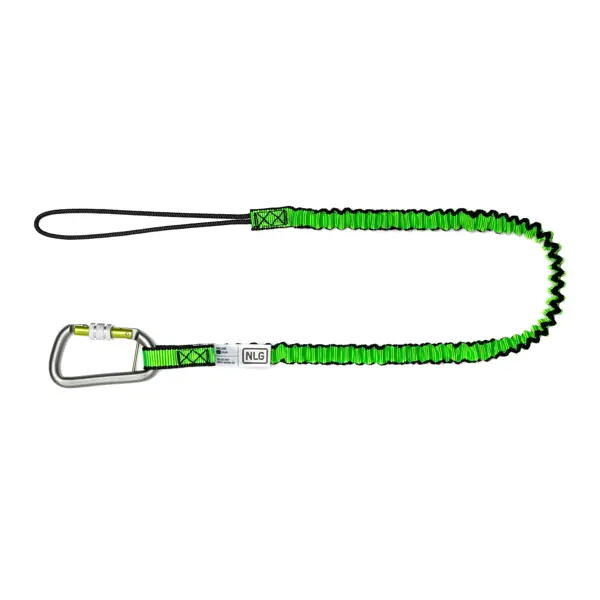 Pružný závěsný popruh NLG Lanyard s jednou karabinou na nářadí – nylon, zeleno-černá