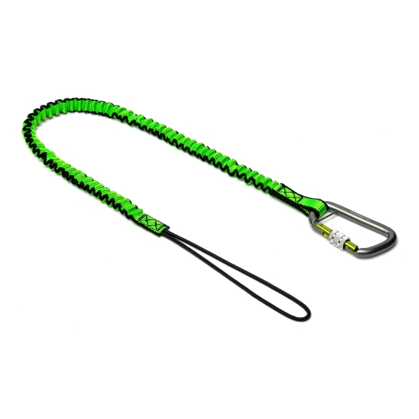 Pružný závěsný popruh NLG Lanyard s jednou karabinou na nářadí – nylon, zeleno-černá