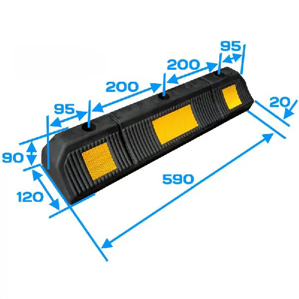 Pryžový parkovací doraz pro automobily s reflexními pruhy – 590×120×90 mm, černo-žlutá