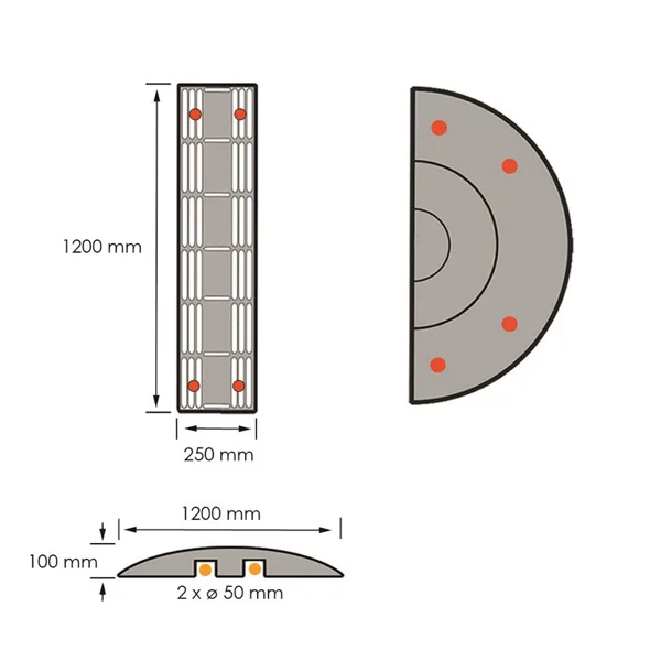 Retardér – kabelový přejezd 10 km/h, 40t, koncový díl – 1200×400×100 mm, černá