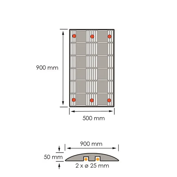 Retardér – kabelový přejezd 25 km/h, 40t – 900×500×50 mm, žluto-černá