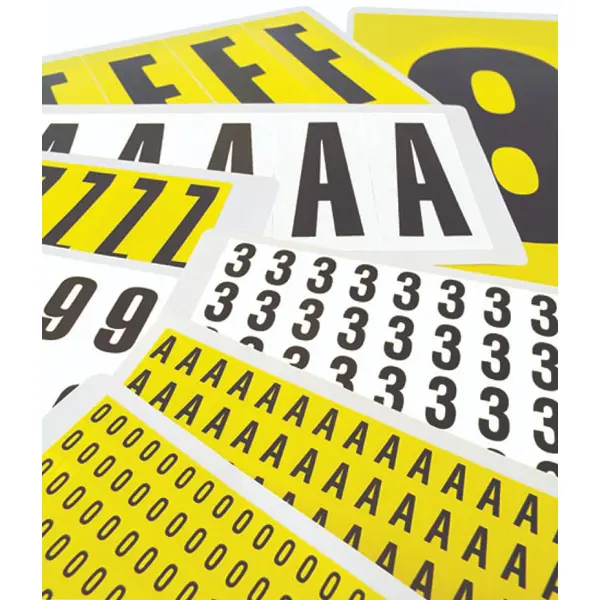 Samolepicí číslice – znak 0-9, žlutý podklad, 12 znaků na kartě