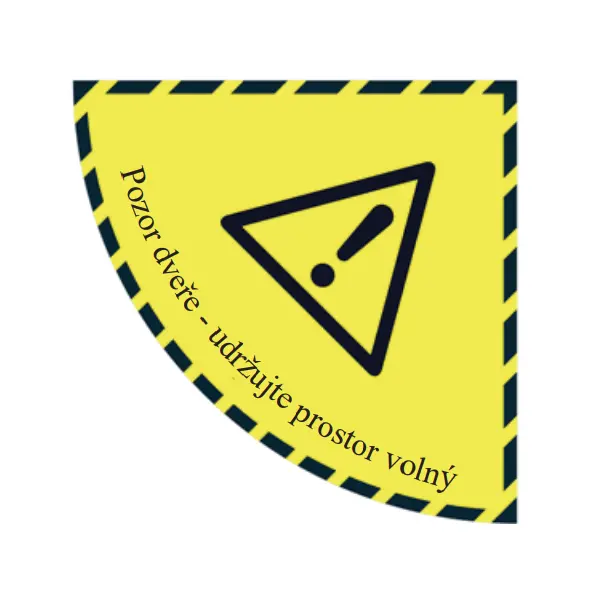 Samolepicí plošné protiskluzové značení (čtvrtkruh), ''pozor, otevírání dveří'' – PVC, 750×750 mm