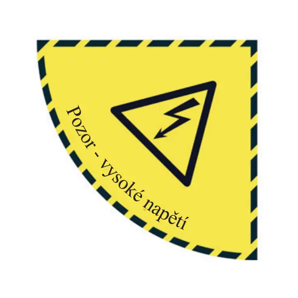 Samolepicí plošné protiskluzové značení (čtvrtkruh), ''pozor, vysoké napětí'' – PVC, 900×900 mm