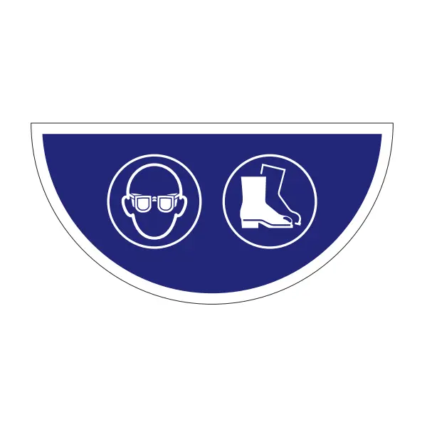 Samolepicí plošné protiskluzové značení (půlkruh), použijte ochranu očí a nohou – PVC, 750x375 mm