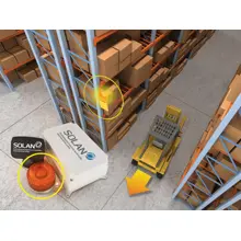 Signalizační systém pro zabezpečení průjezdů VZV ve skladech a výrobě – 1× centrální jednotka, 1× radarový detektor, 1× LED světlo-32 typů sirén, 1× semafor