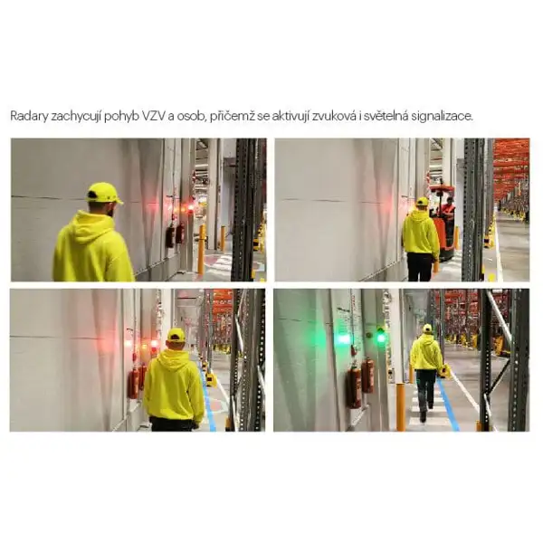 Signalizační systém pro zabezpečení průjezdů VZV ve skladech a výrobě – 1× centrální jednotka, 1× radarový detektor, 1× LED světlo-32 typů sirén