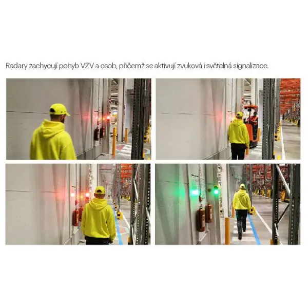 Signalizační systém pro zabezpečení průjezdů VZV ve skladech a výrobě – 1× centrální jednotka, 3× radarový detektor, 3× LED světlo-32 typů sirén, 3× s