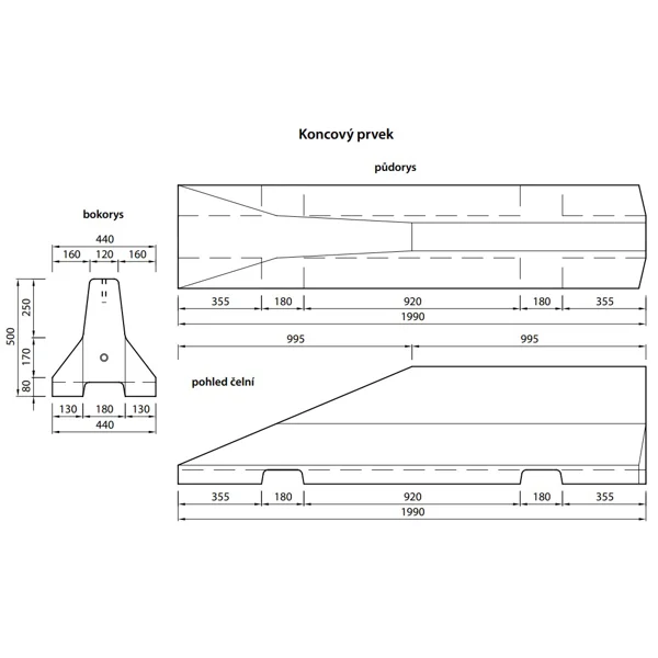 Silniční betonové svodidlo 50 HS01CSB, šrafované – levý krajní díl, žluto–černá, 2000×440×500 mm