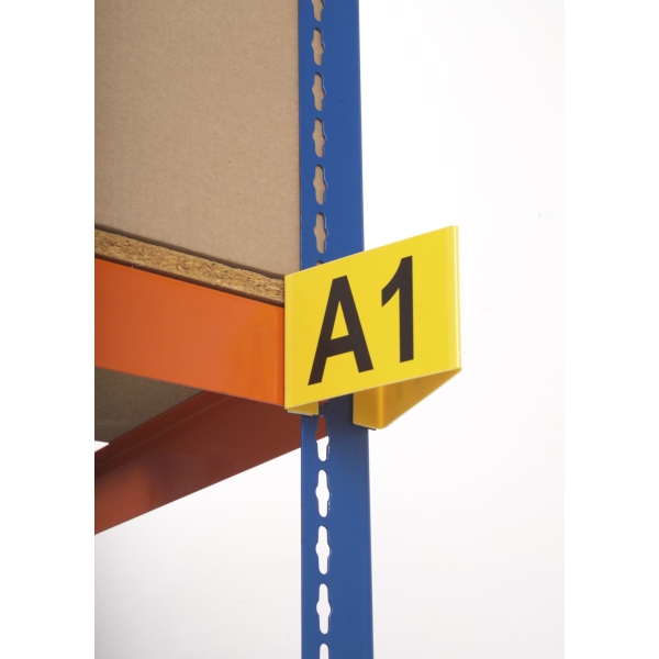 Značení paletových regálů a uliček, magnetické – typ A, žlutý podklad, 95×130×130 mm